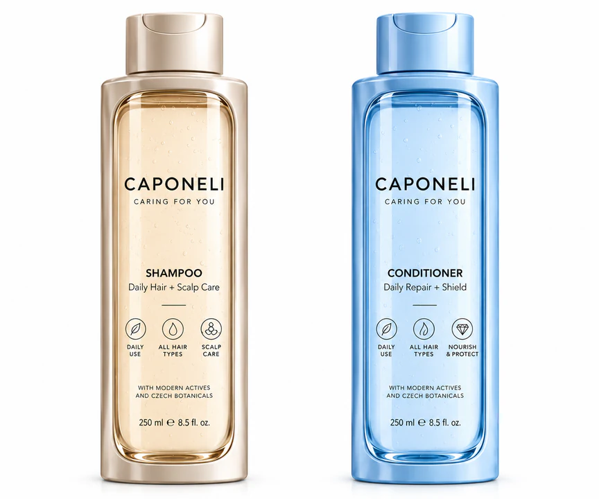 Caponeli Daily Duo, zlatý šampon a modrý kondicionér, dvě lahve po 250 ml
